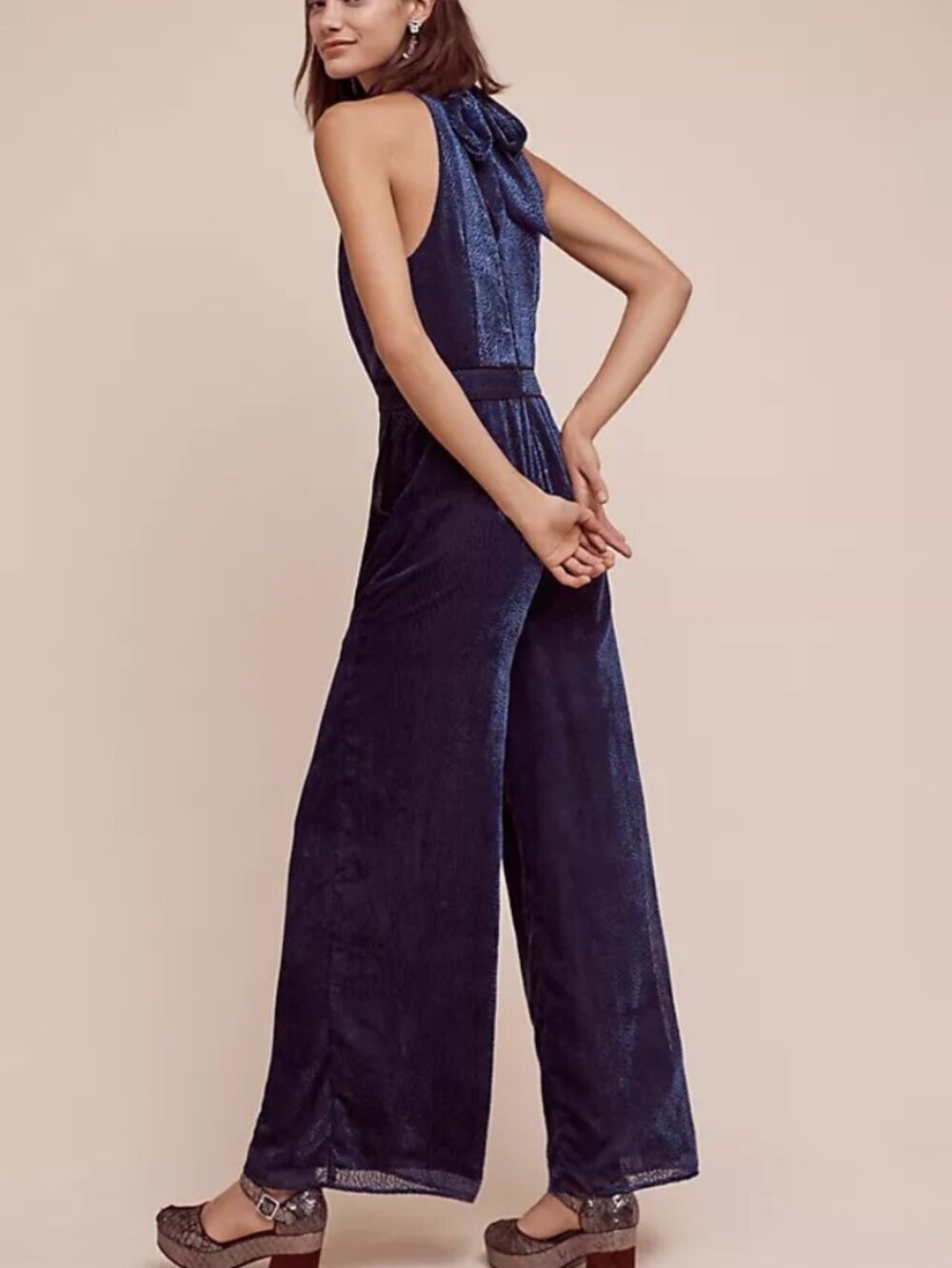Elevenses Nova Blue Velvet Halter Jumpsuit Sz 10 Anthropologie - Picture 6 of 12